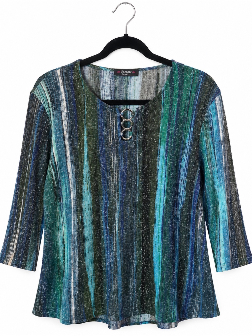 Cocomo Petite Metallic Striped Ring Detail 3/4 Sleeve Top | Size M/L